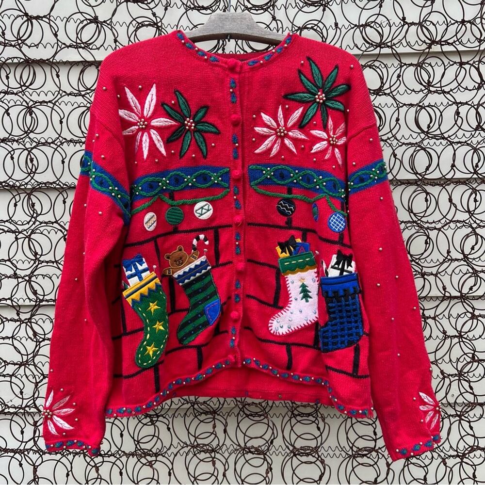 Vintage 90s ugly Christmas cardigan sweater poinsettias stockings presents XL